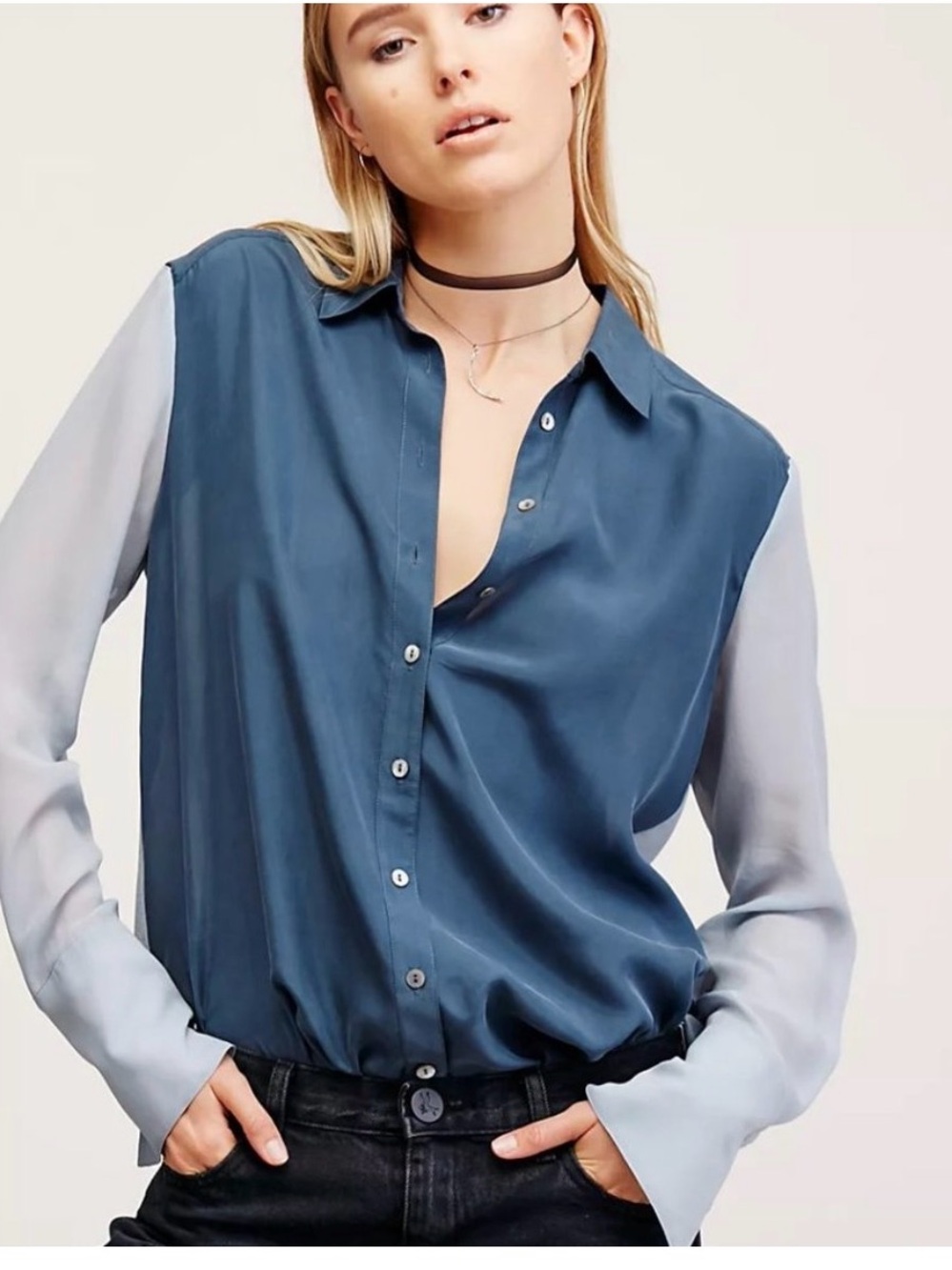 Free People Two-Tone Silk Button-Down Shirt in Steel Blue and Light Gray